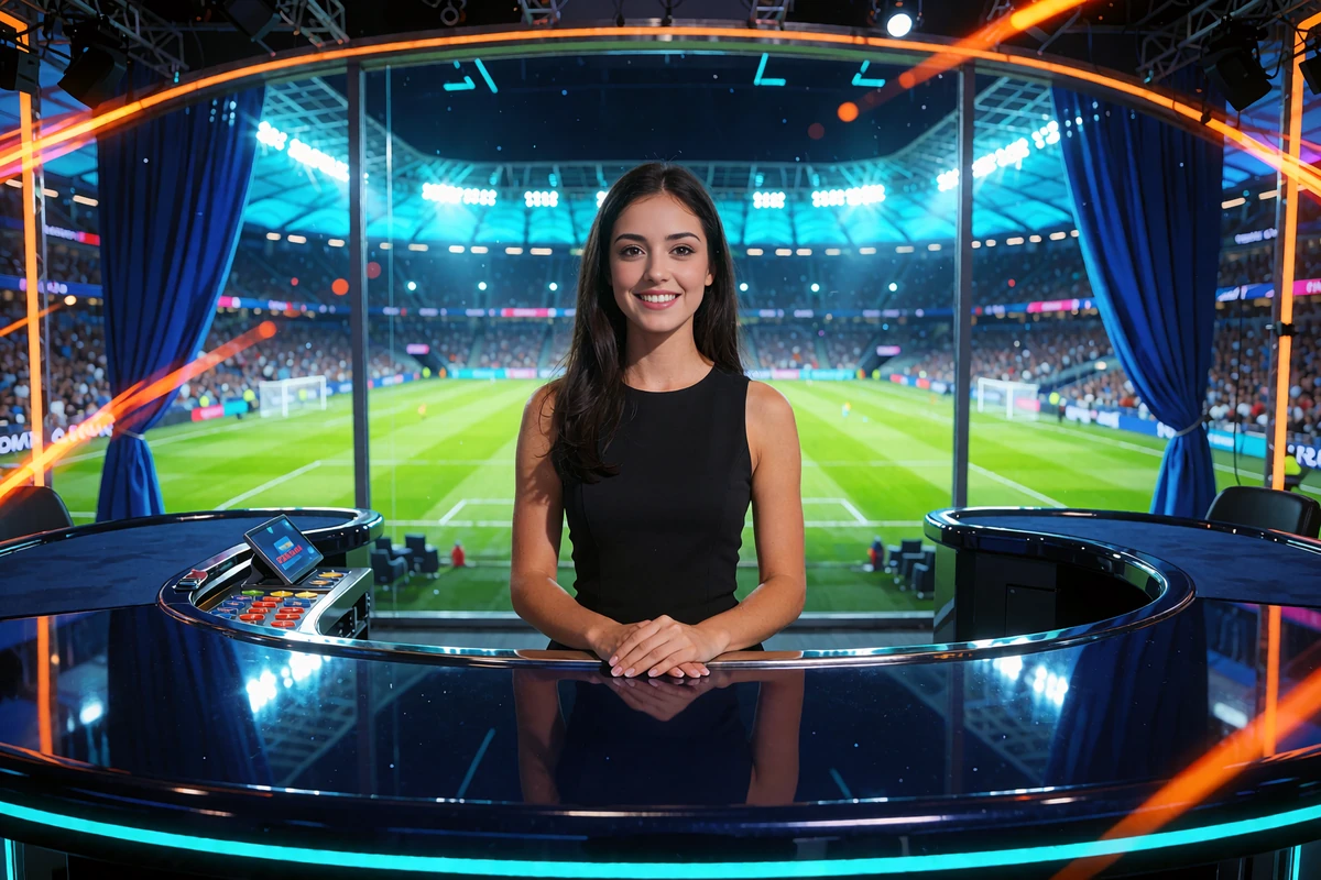 Krupierka kasyna na żywo w studiu z widokiem na oświetlony stadion - strefa live w Golisimo Casino